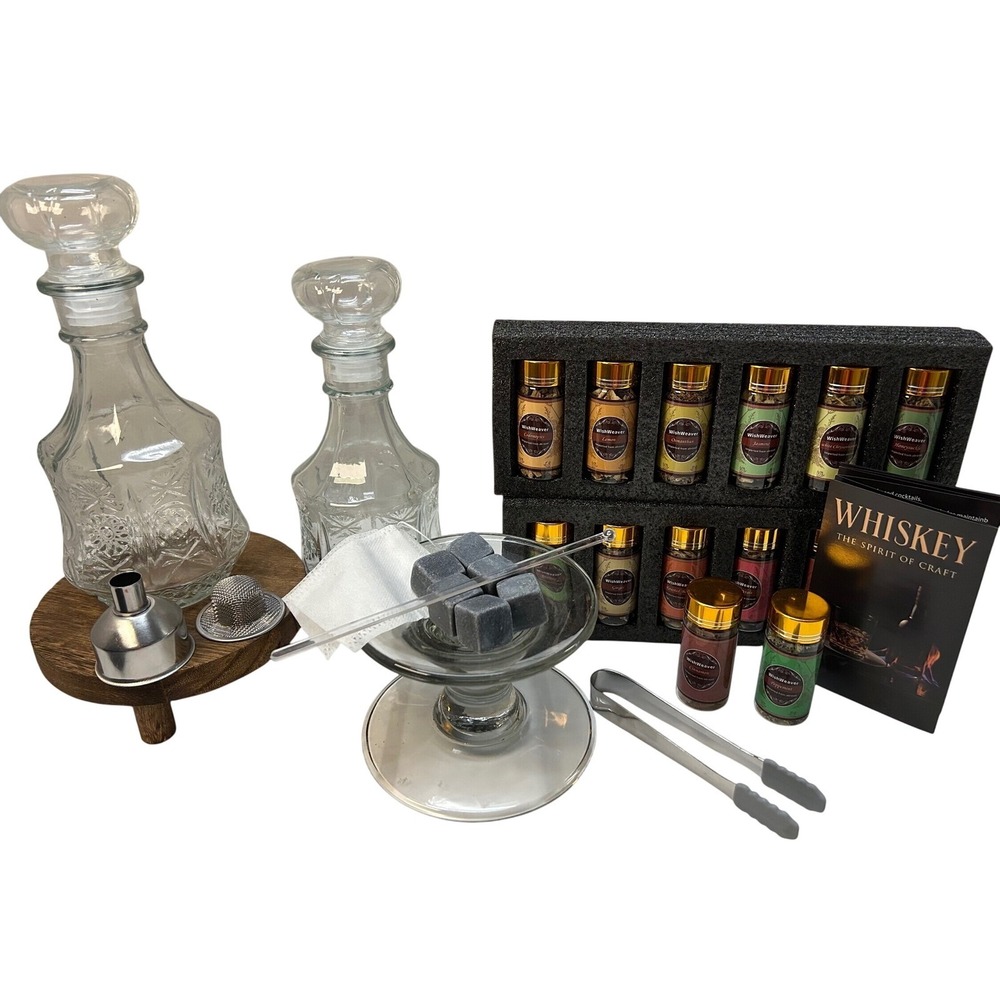 Wishweaver Premium Whisky Infusion Kit 2 Decanters 14 Spices Whiskey Stones Set